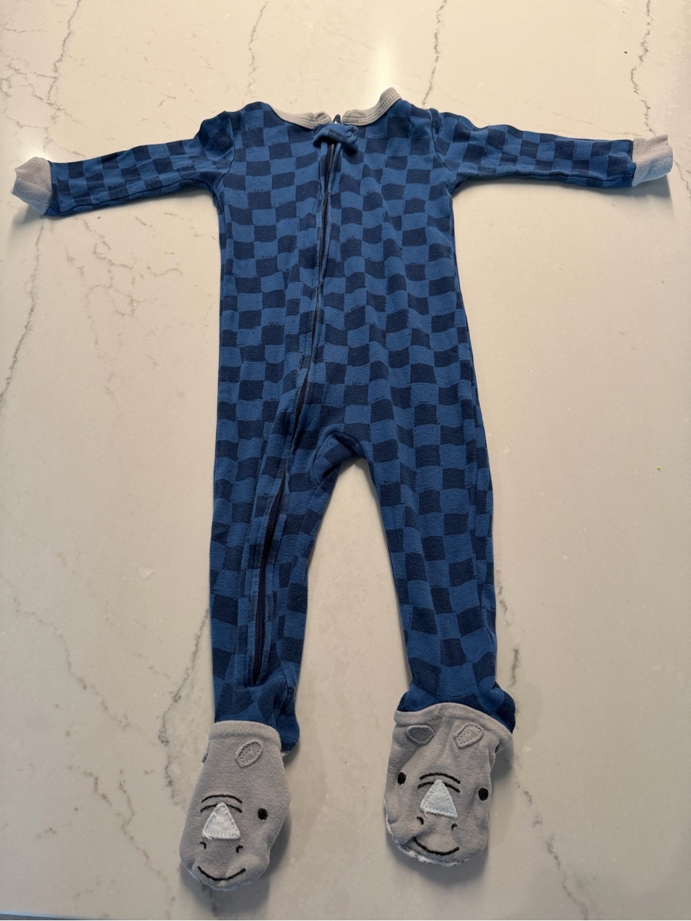 Carters- 12M- Blue Checkered Kids One-Piece Sleeper with Rhino Footies